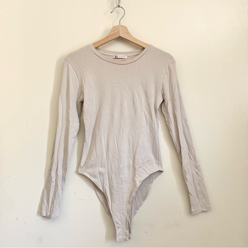 Zara Beige Cream Crewneck Long Sleeves Bodysuit Large
